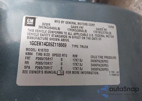 2009 Chevrolet Silverado 1500 Work Truck from USA, damaged, VIN 1GCEK14C89Z118669